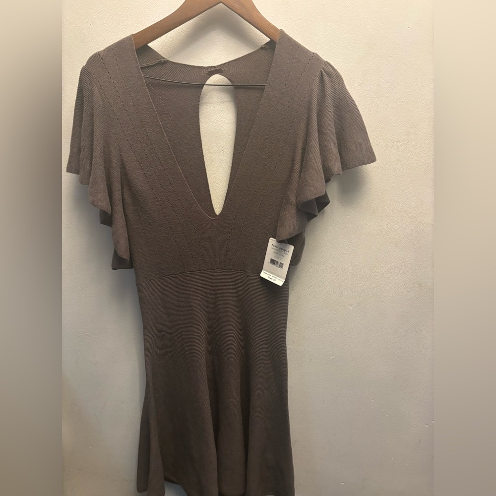 Free People Tasha Knit Mini Dress Dark Grey Flutter Sleeve Keyhole Size S